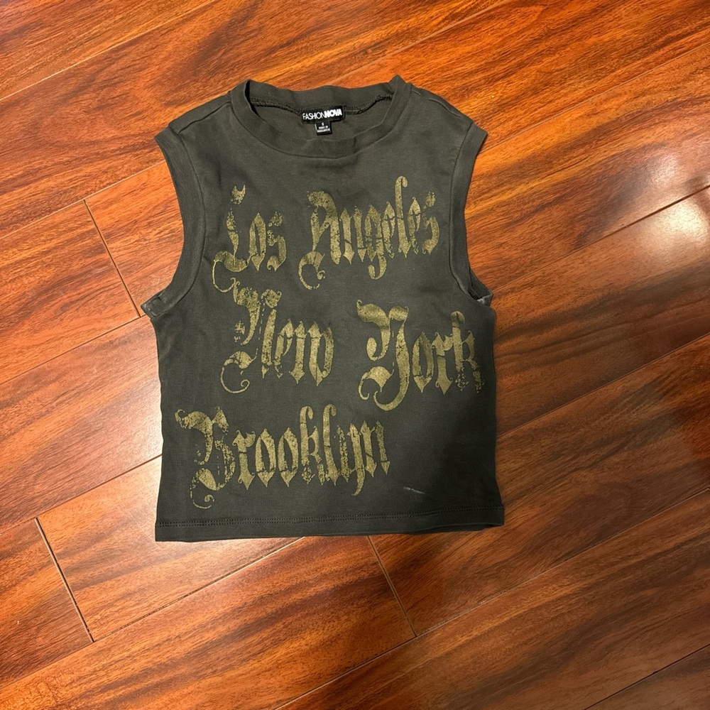 Fashion Nova Black and Gold Graphic Crop Top